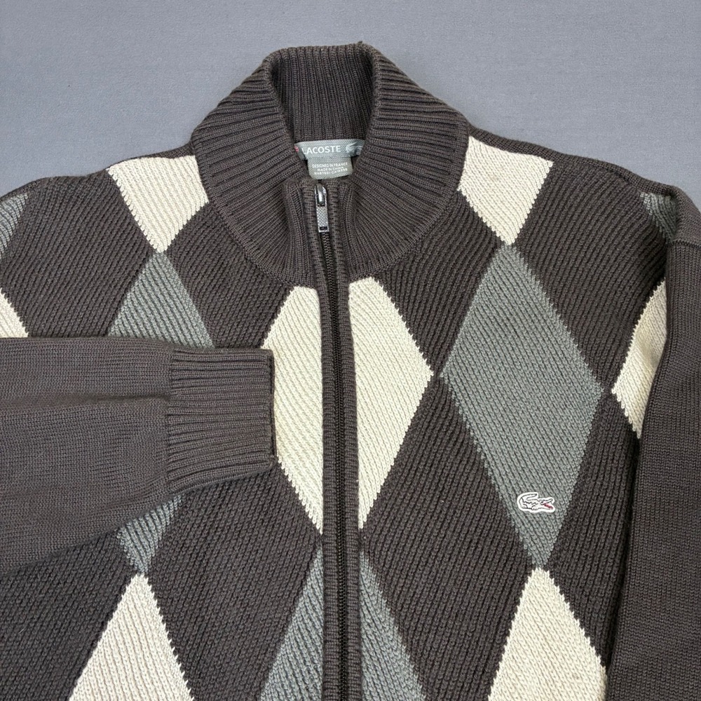 Lacoste Men's Brown Argyle Knit Full Zip Sweater Size XL Preppy